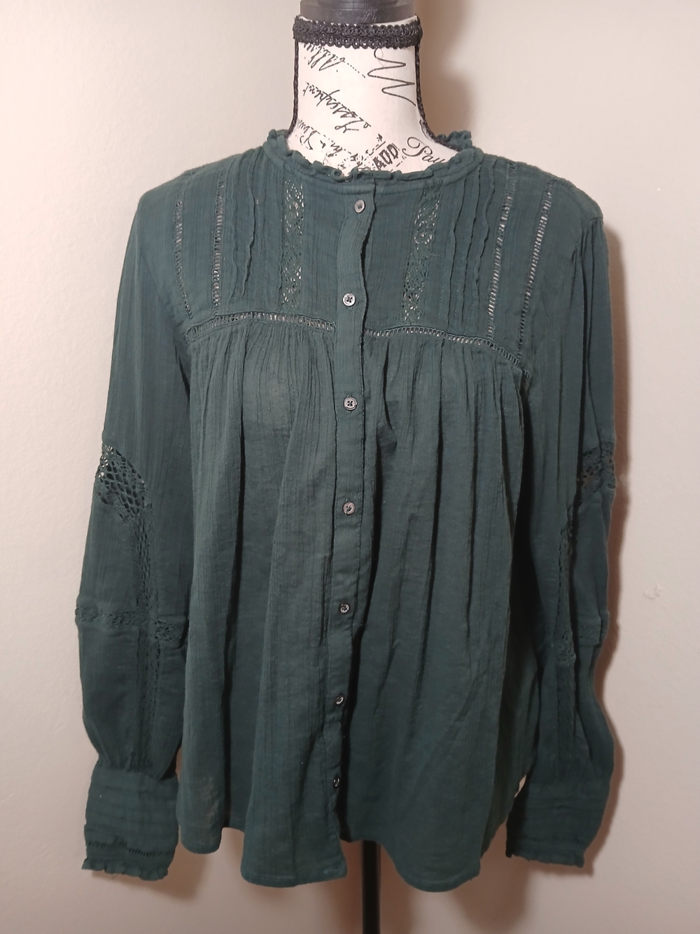 Free People Teal Green Button-Front Boho Blouse